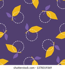 Yellow purple leaf circle shapes. Vector pattern seamless tossed background. Hand drawn floral geometric leaves graphic illustration. Trendy retro home decor, boho feminine fashion print, wallpaper.