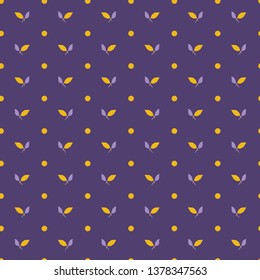 Yellow purple leaf polka dots. Vector pattern seamless background. Hand drawn floral geometric leaves graphic illustration. Trendy retro home decor, boho feminine fashion print, elegant wallpaper.