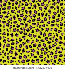 Yellow and purple leopard print - abstract seamless pattern background for textile design with wild safari animal theme, hand drawn vector illustration