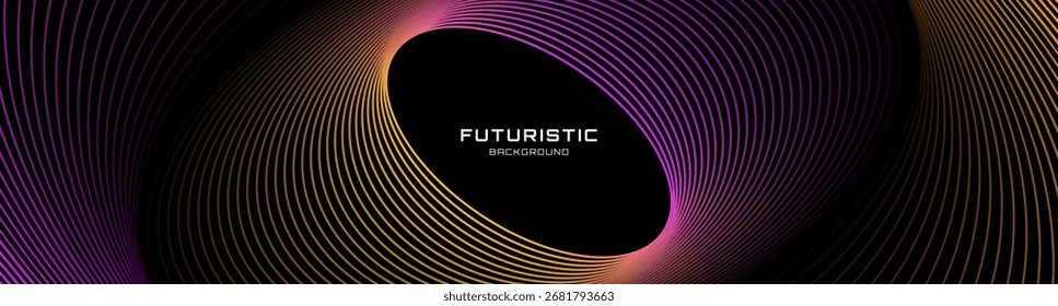 Líneas púrpuras amarillas techno abstracto de fondo superponen la capa en el espacio oscuro con la decoración de efecto elipse. Concepto moderno del estilo de las rayas del elemento de Diseño gráfico para el Web, el volante, la tarjeta, o la cubierta del folleto