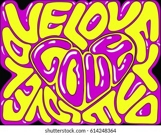 Yellow and purple poster with word "Love" in the heart