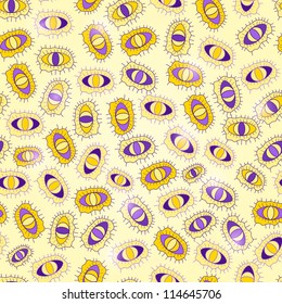 Yellow Purple Seamless Abstract Pattern with Eyes and Bacteria