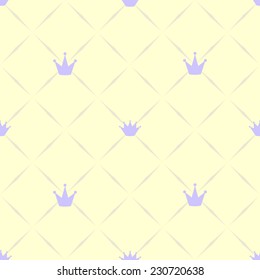 Yellow and purple seamless pattern of diamonds and crowns for princesses