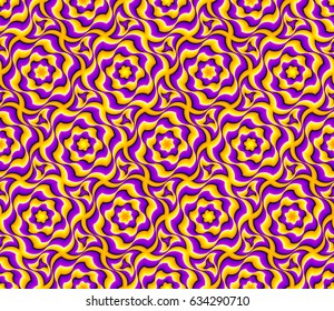 Yellow and purple seamless pattern with flowers. Optical illusion of movement.