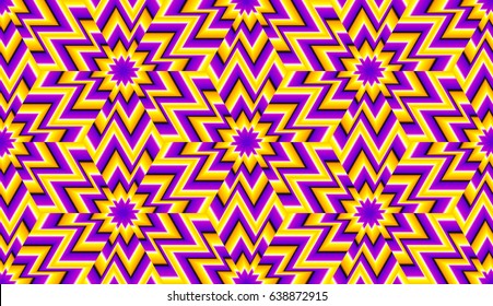 Yellow and purple seamless pattern with flowers in techno style. Optical expansion illusion.