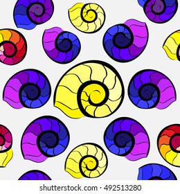 Yellow and purple snail shells. Seamless pattern