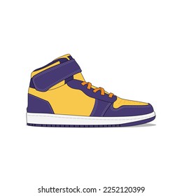 Yellow with purple sneaker shoe sports footwear isolated on white background. fashion flat design side view vector illustration