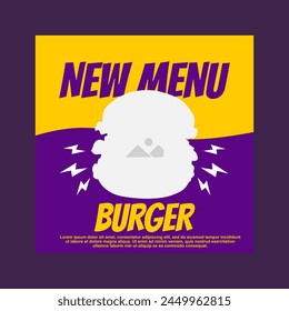 yellow and purple social media post template design for burger restaurant promotion