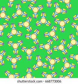 Yellow with purple spinner with three blades a flat style. Seamless pattern on a green background. Vector image