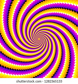Yellow and purple spiral mosaic pattern. Optical expansion illusion.
