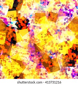 Yellow and purple squares of different sizes mixed at random. Seamless abstract pattern.