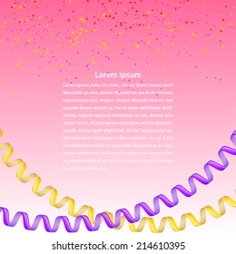 Yellow and purple streamers, colorful confetti on a pink background. Vector illustration.