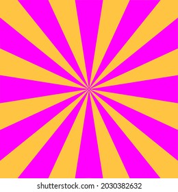 Yellow and purple sunburst background. Retro style 80s. Pop art poster. Sunbeam beams. Vector banner.