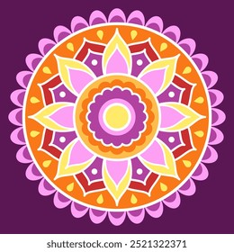 Mandala simétrico amarillo y púrpura sobre un fondo púrpura oscuro. Mandala étnico. Patrón oriental, Ilustración vectorial. Relajación, meditación. Mandala indio o árabe. Festival Diwali.