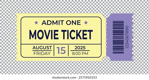 Yellow and purple ticket with customizable text. Retro ticket template in vintage style for cinema, theater, circus and casino. High quality EPS 10 vector illustration.