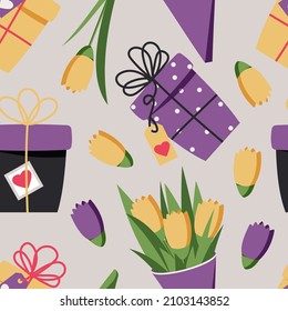 Yellow and purple tulips and assorted gift boxes. Seamless pattern for modern fabrics and wrapping paper festive springs. Vector.