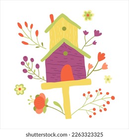 Yellow and purple two stored cartoon birdhouse with green roof and red berries and flowers. For spring greeting cards and Easter illustrations