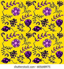 yellow purple vector floral pattern in scribble style with flowers and leaves. Delicate, spring-summer floral background, wedding card, design elements