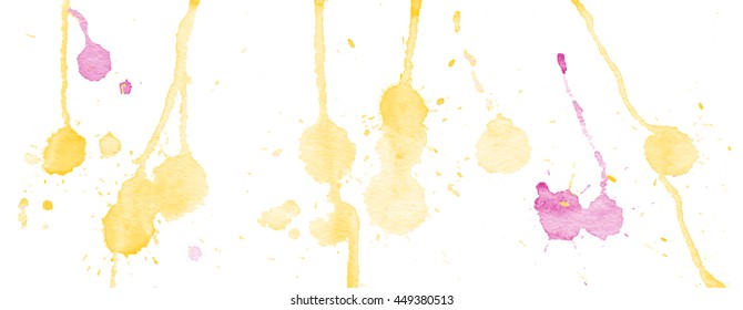 Yellow and purple watercolor splashes and blots on white background. Ink painting. Hand drawn illustration. Abstract watercolor artwork. 