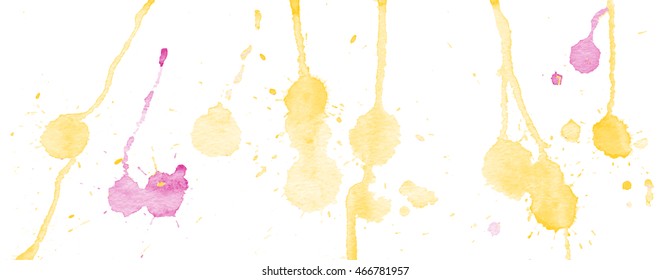 Yellow and purple watercolor splashes and blots on white background. Ink painting. Hand drawn illustration. Abstract artwork. 