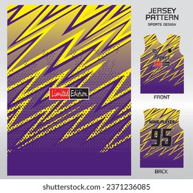 yellow purple wavy pattern design, illustration, textile background for sports t-shirt, football jersey shirt mockup for football club. consistent front view