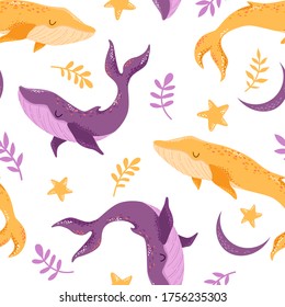 Yellow and purple whales with stars and plants on a white background. Sky, seamless pattern