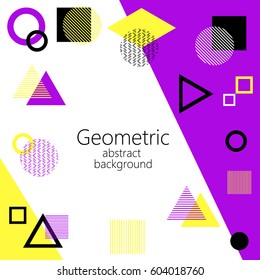 yellow purple white abstract geometric vector background, geometric elements, triangle, square, circle, rhombus, postcard