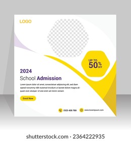 Yellow purple White background color with geometric shapes for social media post.School education admission social media post and web banner template.