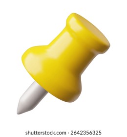 Yellow push pin 3D cartoon plastic style vector illustration. Thumbtack render icon. Volume stationery tool, organizer accessory, office supplies isolated on white background. Side view