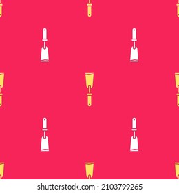 Yellow Putty knife icon isolated seamless pattern on red background. Spatula repair tool. Spackling or paint instruments.  Vector Illustration
