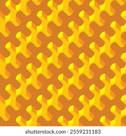 Yellow puzzle 3d spiral lines on dark yellow background vector square seamless pattern or texture.