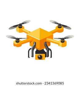 Yellow quadcopter aerial drone with camera for photography,video surveillance or delivery isolated on white background. Cartoon style. Vector illustration for any design.