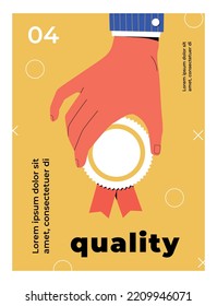 Yellow quality poster. Hand holds medal, evaluation of product or goods. Feedback, ranking and rating. Award and achievement, prize. Cover of booklet in retro style. Cartoon flat vector illustration