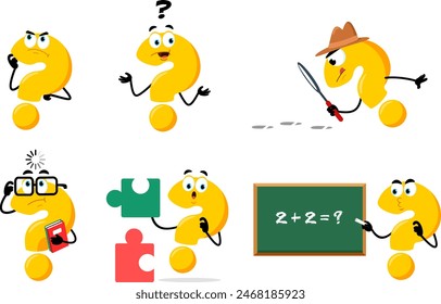 Yellow Question Mark Cartoon Character Thinking. Vector Flat Design Collection Set Isolated On Transparent Background