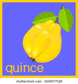 Yellow quince fruit with two green leaves and title