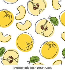 Yellow quince hand draw seamless pattern on isolated  white background. Vector illustration