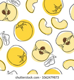 Yellow quince hand draw seamless pattern on isolated  white background. Vector illustration