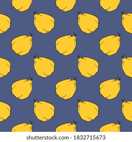 Yellow quince ,seamless pattern on blue background.