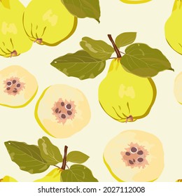 Yellow quince seamless pattern. Ripe fruit pears close-up. Ideal for wallpaper, surface textures, textiles.