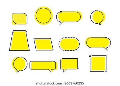 Conjunto de molduras da caixa Citação Amarela, Caixas de citação de texto. Conjunto de vetores isolados de bolhas de fala amarelas.  Sinal e símbolo de balão de fala, ilustração de vetor. Bolhas de fala amarelas.