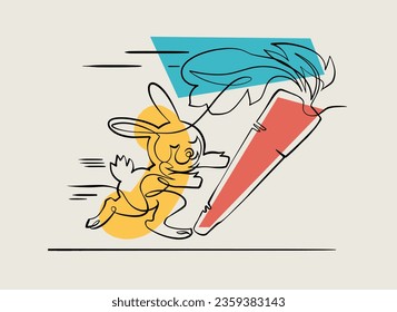 Yellow rabbit chasing a giant carrot, one line vector