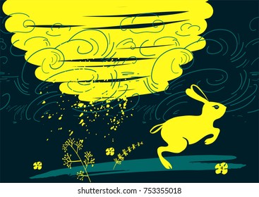 Yellow rabbit on dark blue background. Freehand drawn element design for banner, poster, card, postcard with rabbit. Chinese symbol of moon and longevity.  Sketch vector illustration. 