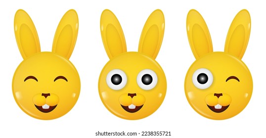 Yellow rabbits. Set of glossy 3d icons. Laughing and winking bunny sticker