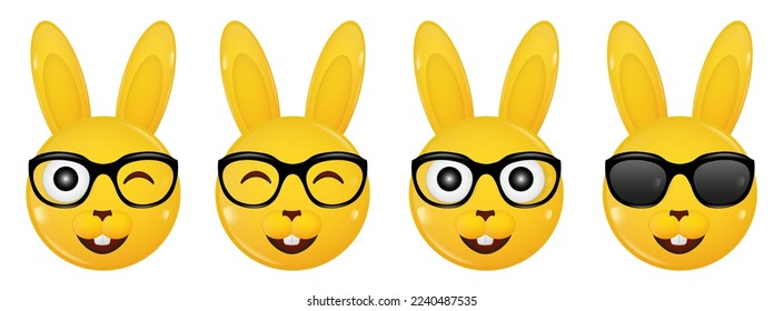 Yellow rabbits wearing glasses. Set of glossy 3d icons. Laughing and winking bunny sticker. Sunglasses