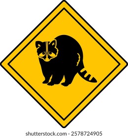 Yellow Raccoon Road Sign. Vector Icon. Road Sign Warning about Animals Crossing the Road. Zoo Sticker