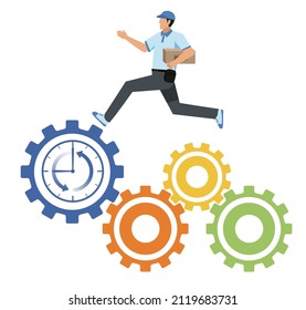 Yellow race female deliveryman delivery avatar running on a clocked gear Business image Labor productivity, white background