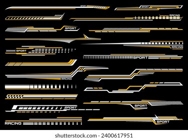 Camionetas de rayas de coches de carrera de raza amarilla, calcomanías de línea de carreras con patrón de bandera a cuadros. Montaje de vinilo para vehículos de velocidad vectores, pegatinas para autos de carrera o motocicletas con líneas blancas y damas