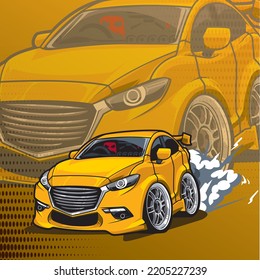 Yellow racing car, vector drawing, beautiful lines, sharp lines, able to screen shirts can print stickers