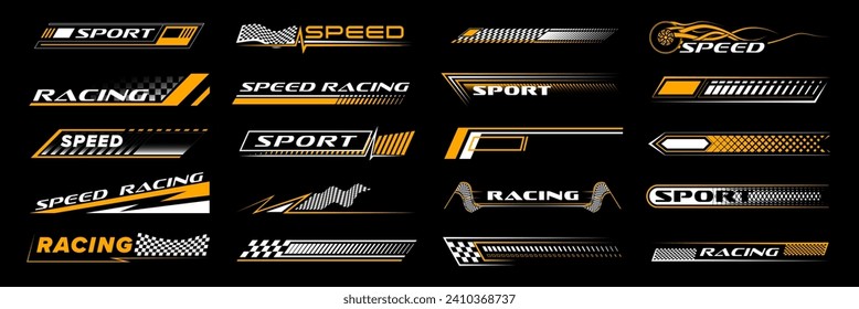 Yellow racing sport car stickers and race line decals, vector stripe arrows. Auto art decals with car wheels, start or finish checkered flag backgrounds for rally ride, drag racing and drift sport