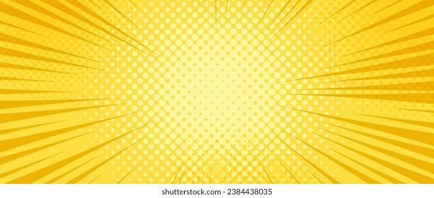 Yellow radial dotted comic background. Speed lines wallpaper with pop art halftone texture. Anime cartoon rays explosion backdrop for poster, banner, print, magazine, cover. Vector illustration